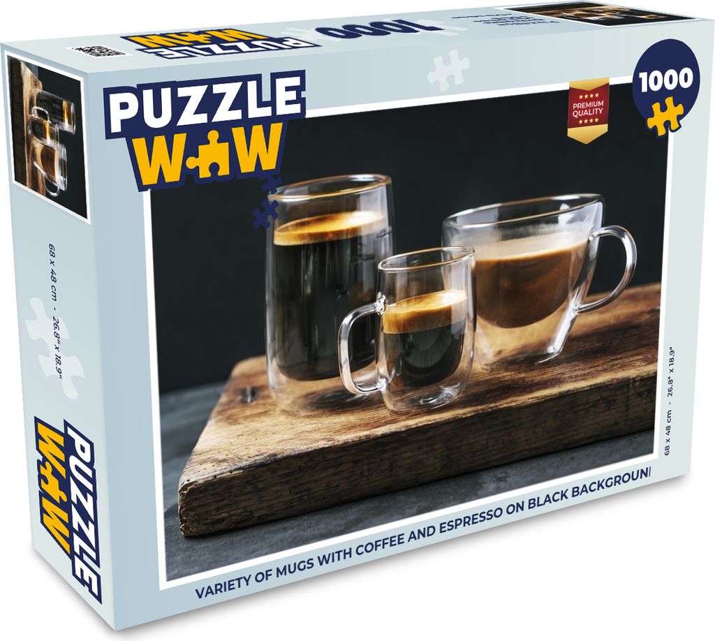 MuchoWow Puzzle 1000 Teile Vielzahl von Tassen mit Kaffee und Espresso auf schwarzem Hintergrund - Erwachsene - Rätsel