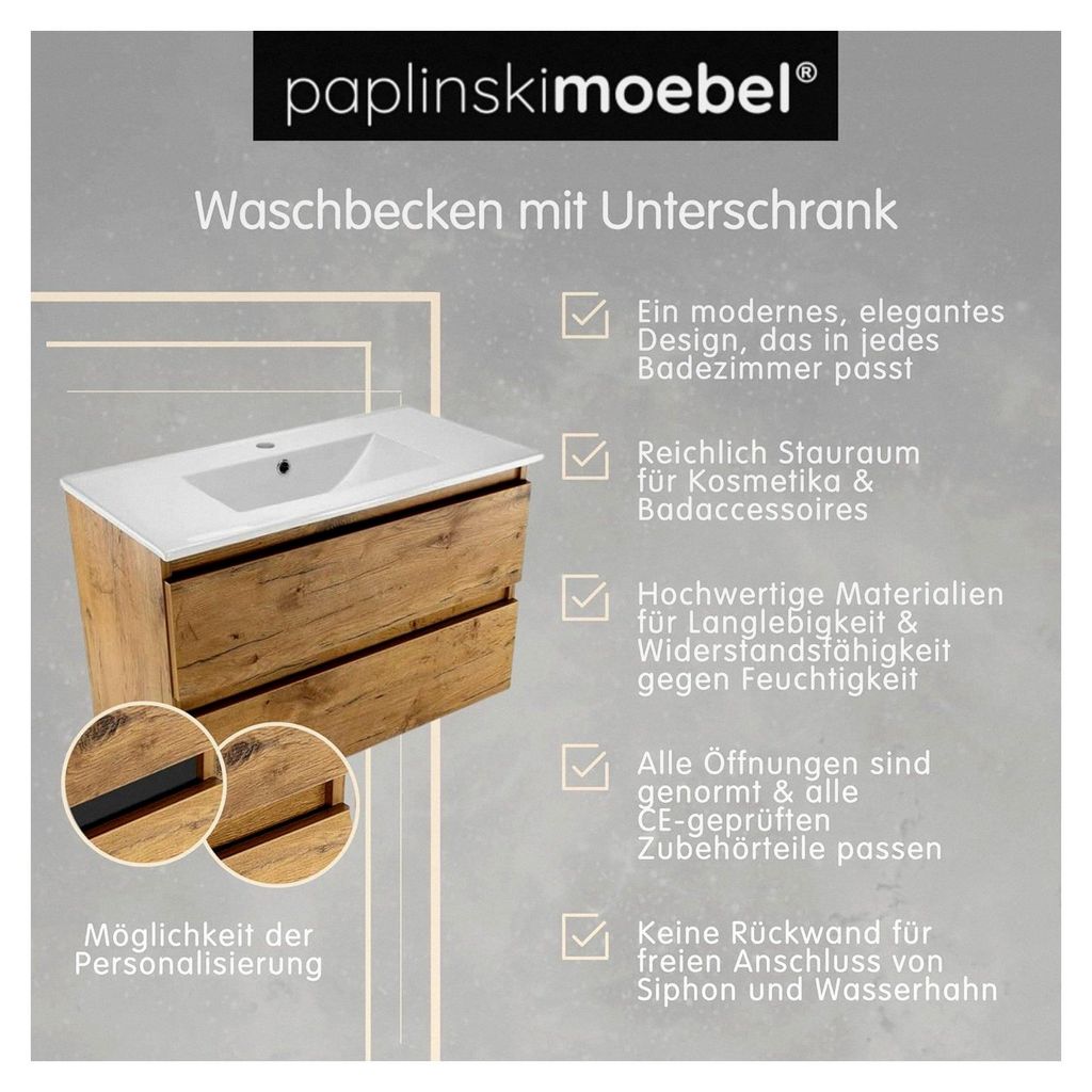 Soria Waschbecken mit Unterschrank 80 cm, Waschtisch mit Unterschrank, Hängender Waschbeckenunterschrank mit Schubladen, Holz - Lancelot Eiche
