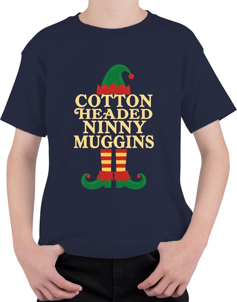 Baumwolle HEADED NINNY MUGGINS Weihnachten Elf Lustig Geschenk Witz Uni Kinder T-Shirt, Navy, 128