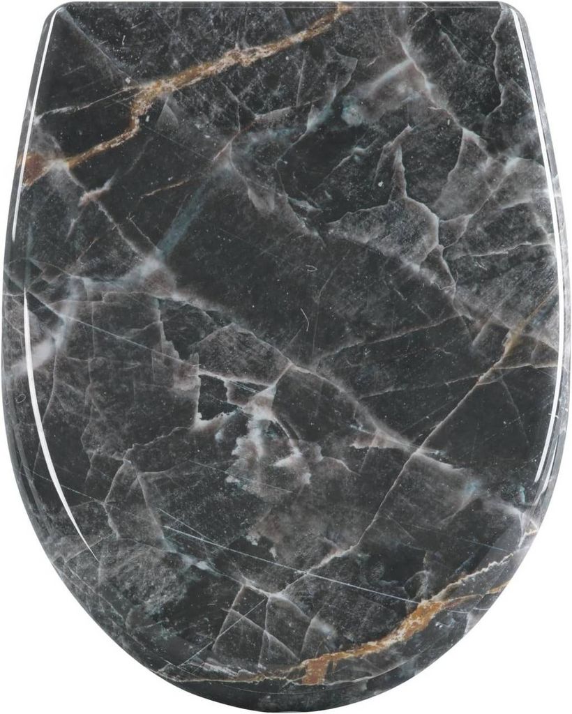 A top-down view of a toilet seat with a marble-like pattern.
