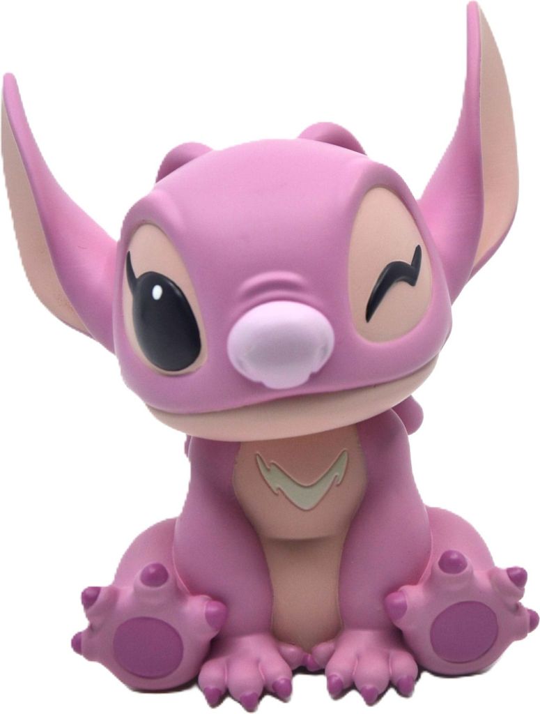 A pink figurine of Angel from Lilo & Stitch is sitting down and winking.