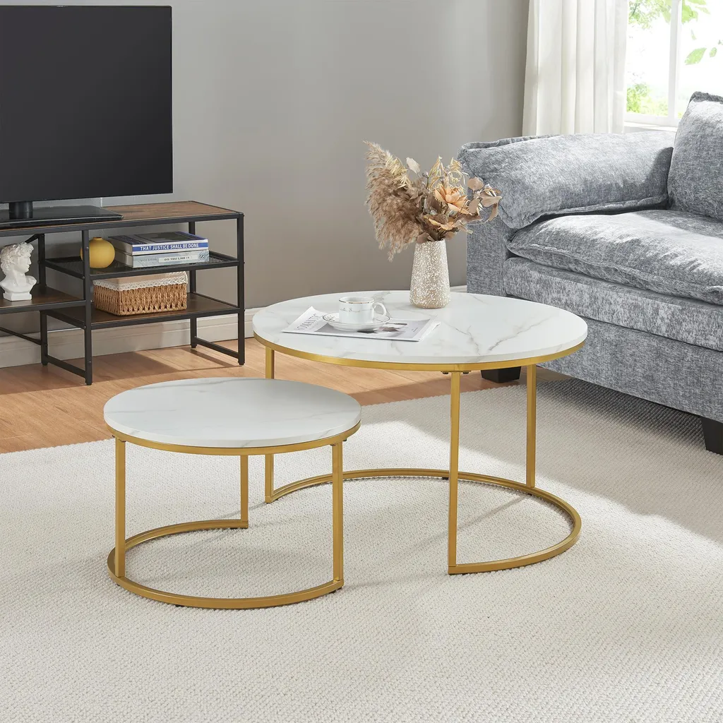Table basse gigogne Christchurch marbre blanc or gain de place salon