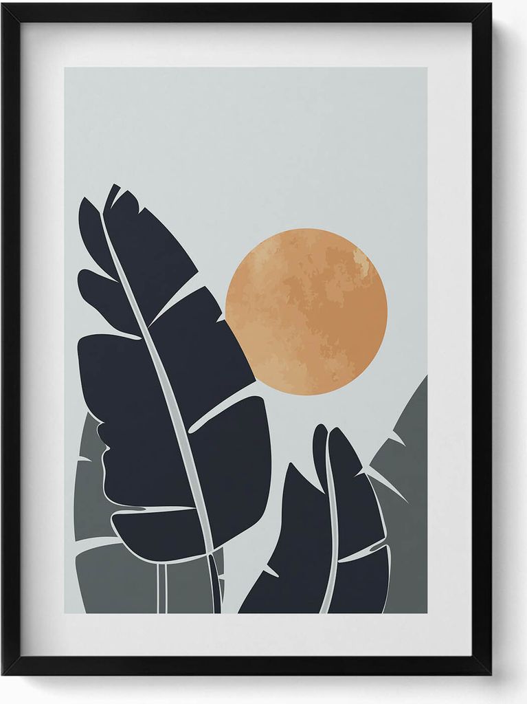 Minimalistische Pflanzen und Sonne im Boho-Stil– Wandbild mit Rahmen – Gerahmtes Bild – Wanddekoration – 50x70 cm – Schwarz Rahmen