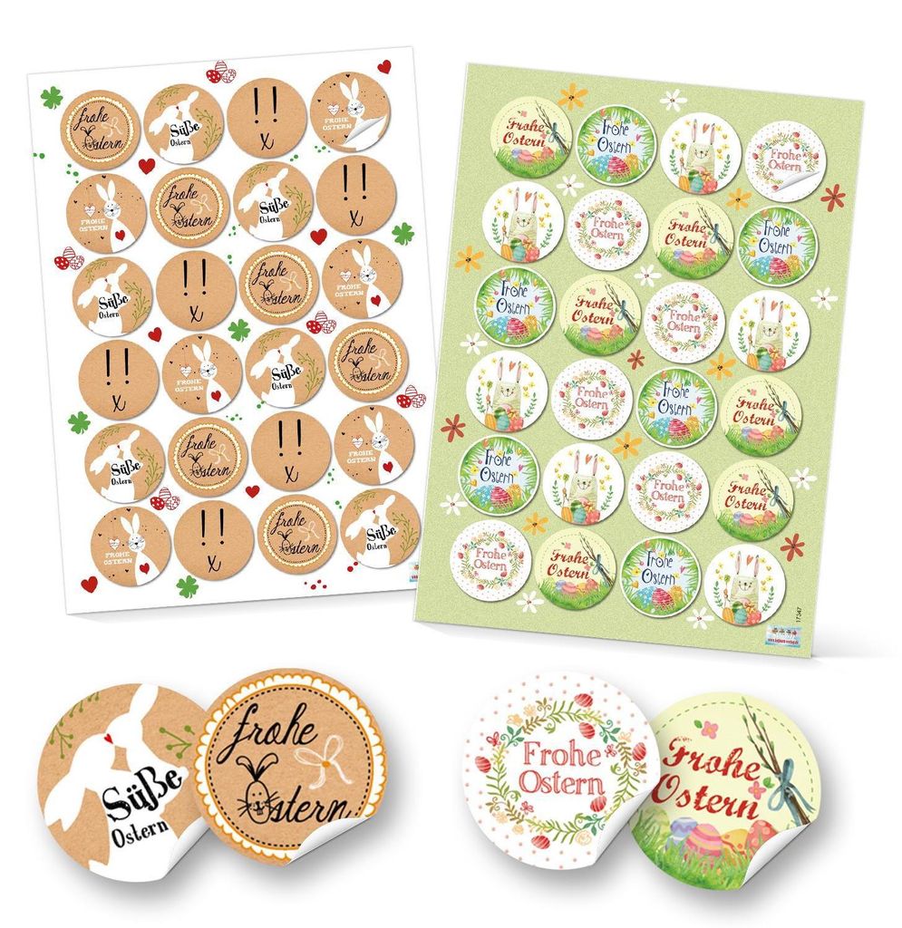 Logbuch-Verlag Set 48 Frohe Ostern Aufkleber Osterhase Osterdeko bunt Osteraufkleber rund Verpackung Kindergeschenke Geschenke Give-Away grün gelb...