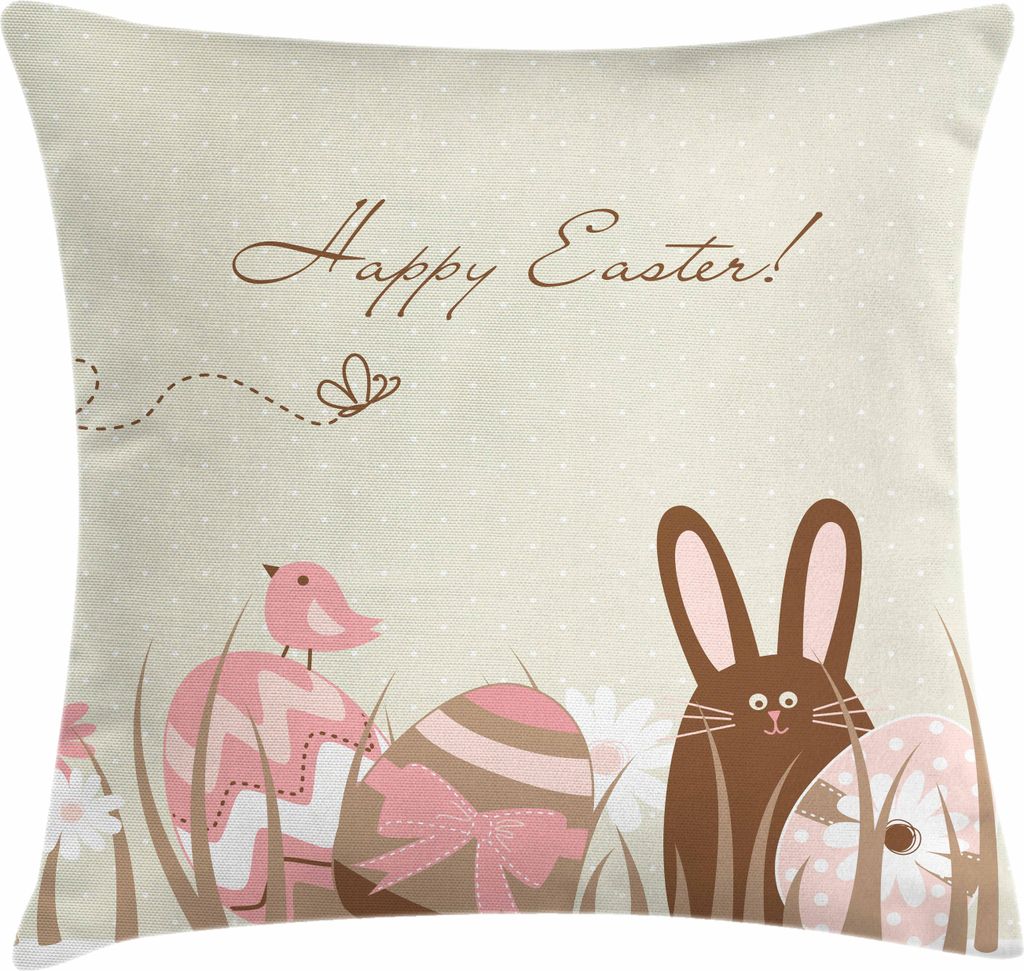 ABAKUHAUS Ostern Kissenbezug, Pastelltöne Eier Vögel und Häschen Happy Easter Beschriftung Polka Punktiert Muster, 50 x 50 cm, Mehrfarbig