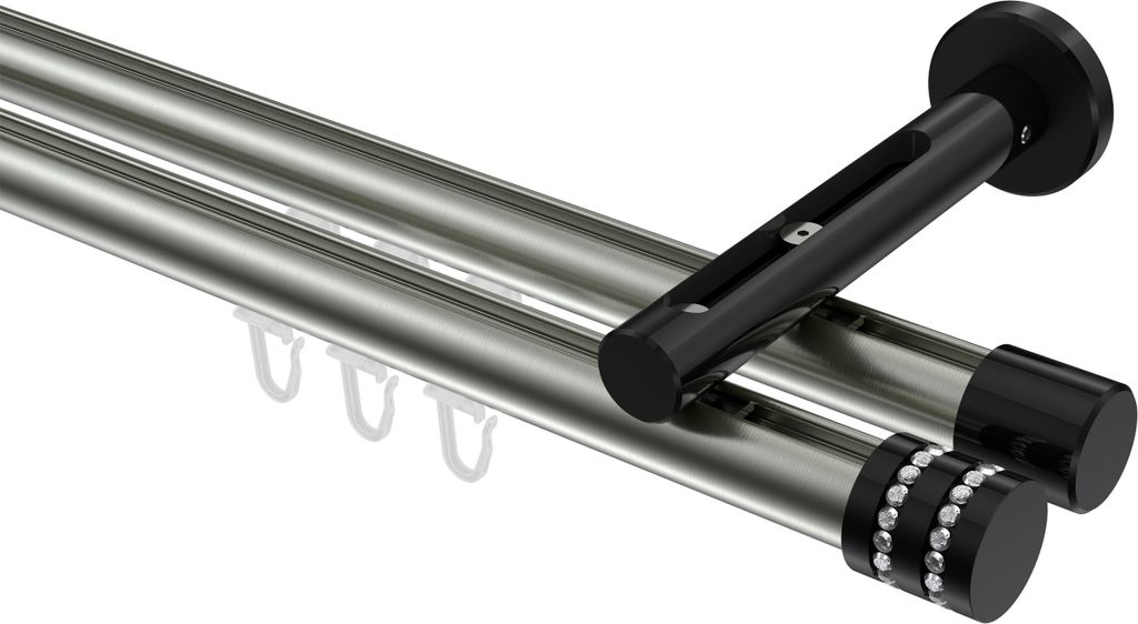 Interdeco Innenlaufstange / Gardinenstange mit Innenlauf Edelstahl-Optik / Schwarz, Typ Siteno Estana (Glitzerkappe), 20 mm Ø 2-läufig, 200 cm