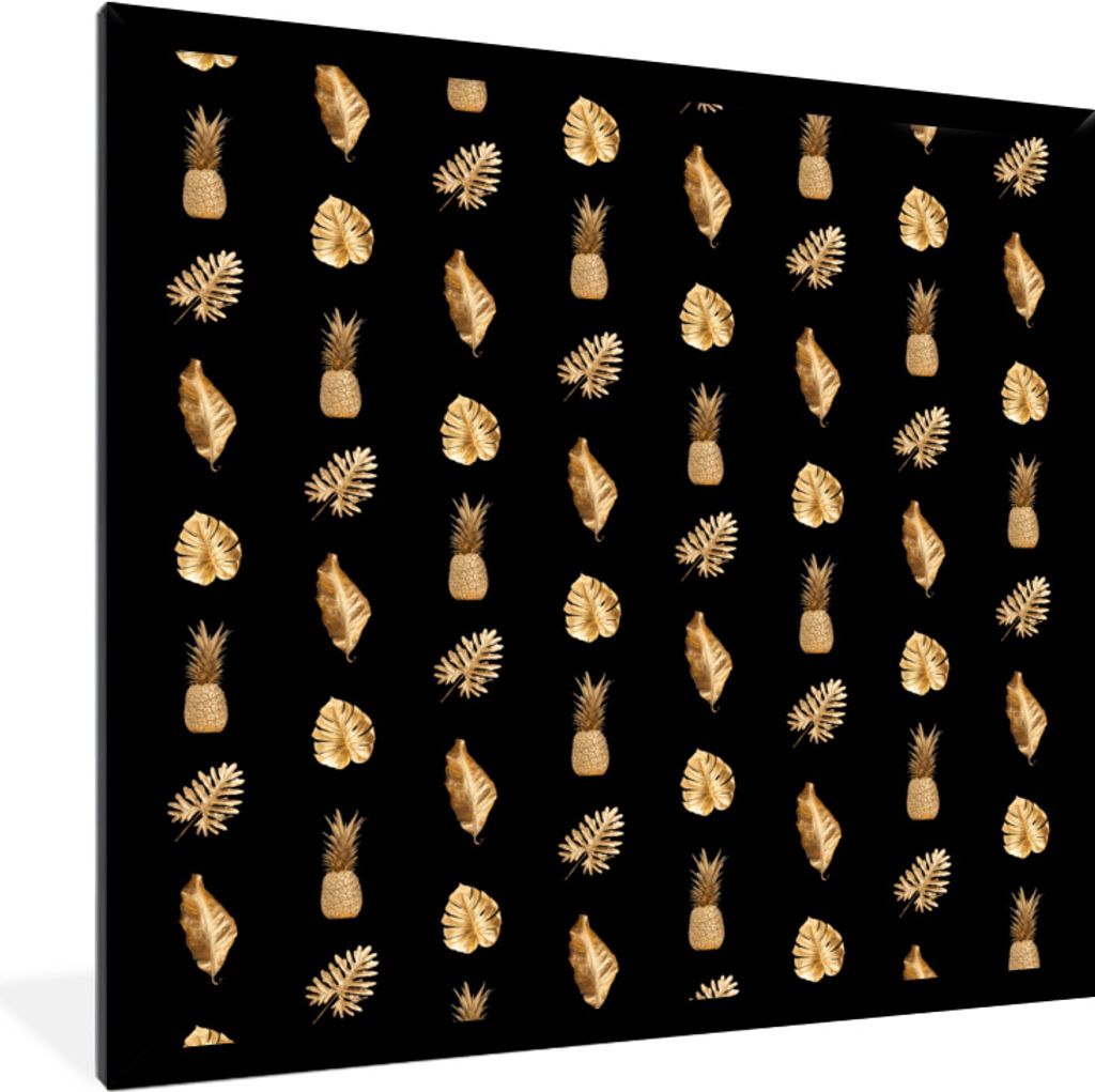 MuchoWow MuchoWow Gerahmtes Poster Blätter - Gold - Muster 40x40 cm - Poster mit zchwarzem Bilderrahmen - Mit Rahmen - Wanddekoration Schlafzi...