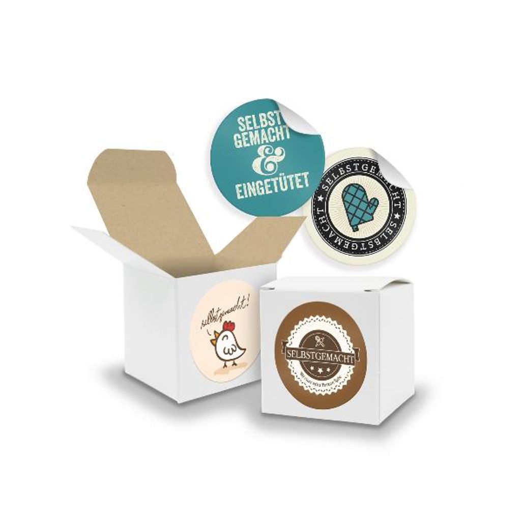 SET Selbstgemacht(Motiv44) 24x Faltschachtel Würfel 5cm weiß innen braun+Sticker