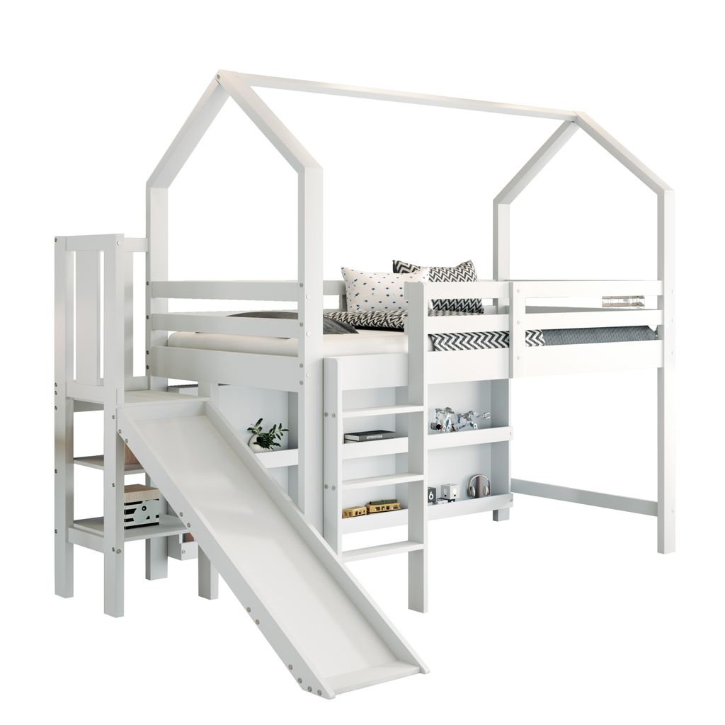Hochbett mit Lattenrost und Rutsche, 90x200 cm, Kinderbett Produktbild 