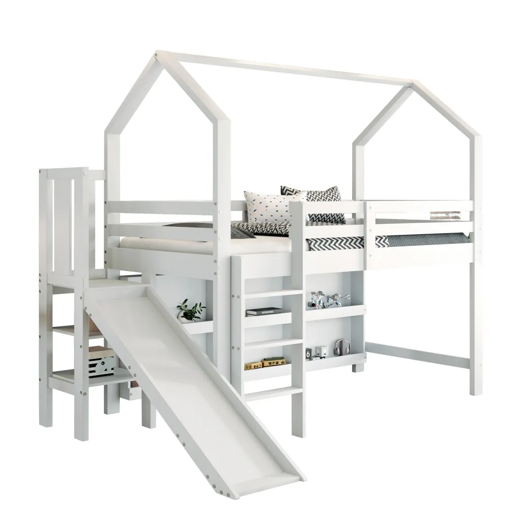Lit superposé sécurisé anti-chute avec toboggan et rangement intégré