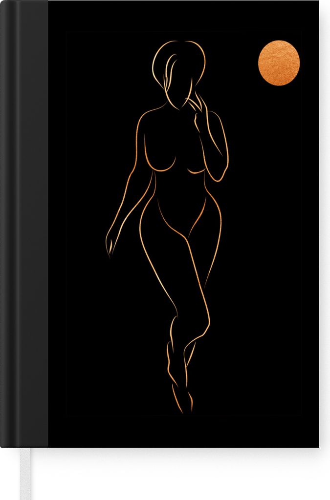 MuchoWow Notizbuch Tagebuch Haushaltsbuch Notebook A5 Frau - Mond - Schwarz und Gold - Strichzeichnung - Notizblock - Notizheft - Notebook - Schr...