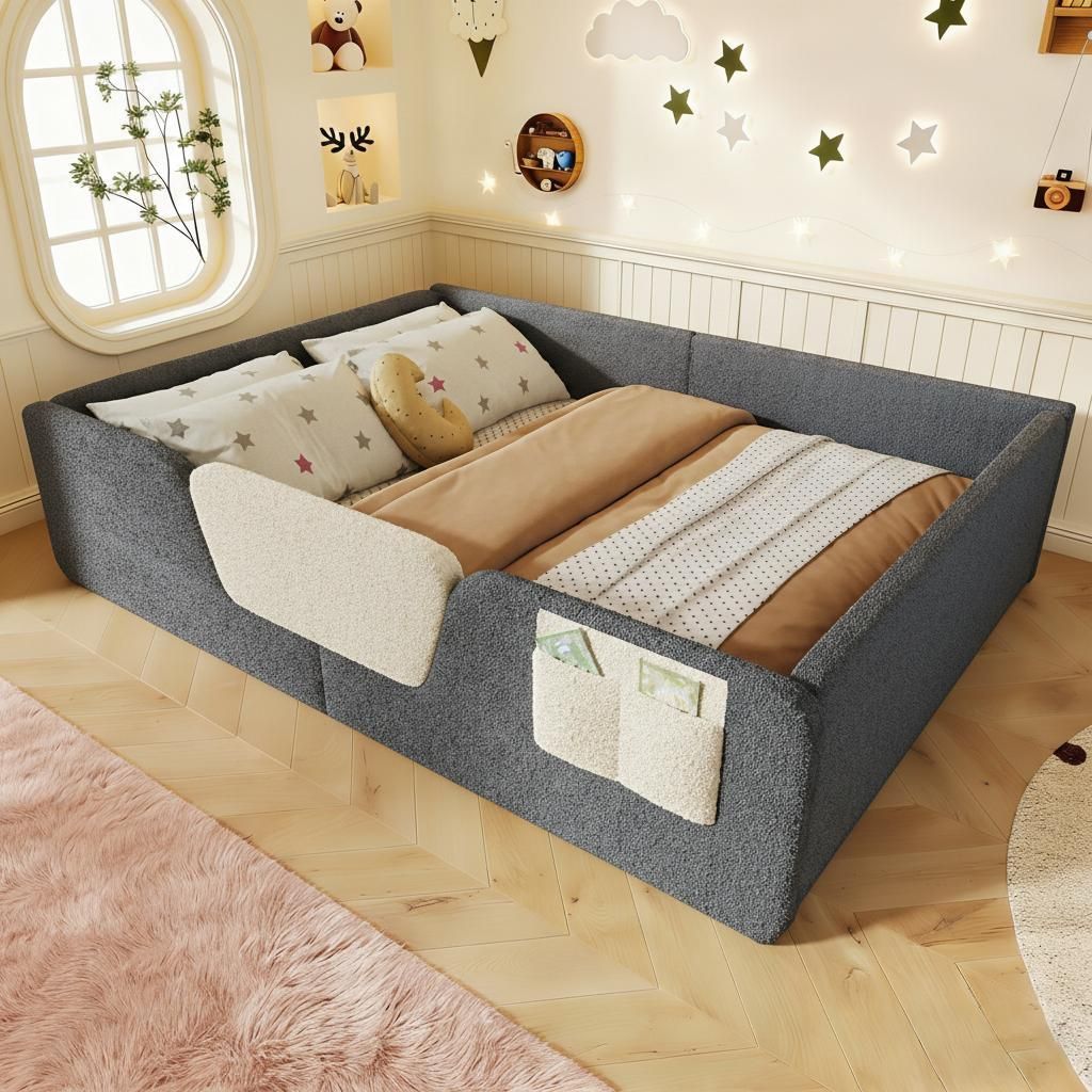 okwish Kinderbett 140x190 Polsterbett,Velours-Polsterung,Bettgestell mit abnehmbare Seitengitter Stofftasche am Bettrand für Kinderzimmer,Grau(ohn...
