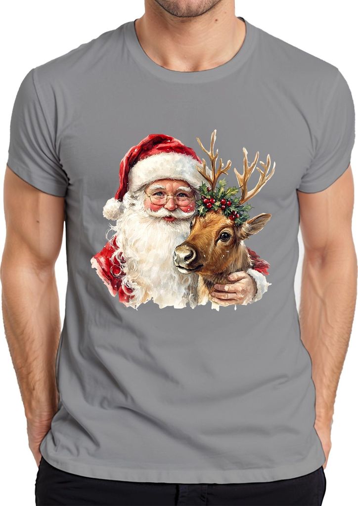 Weihnachtsmann Rentier Aquarell Weihnachten Geschenk Vintage Herren T-Shirt, Grau, M