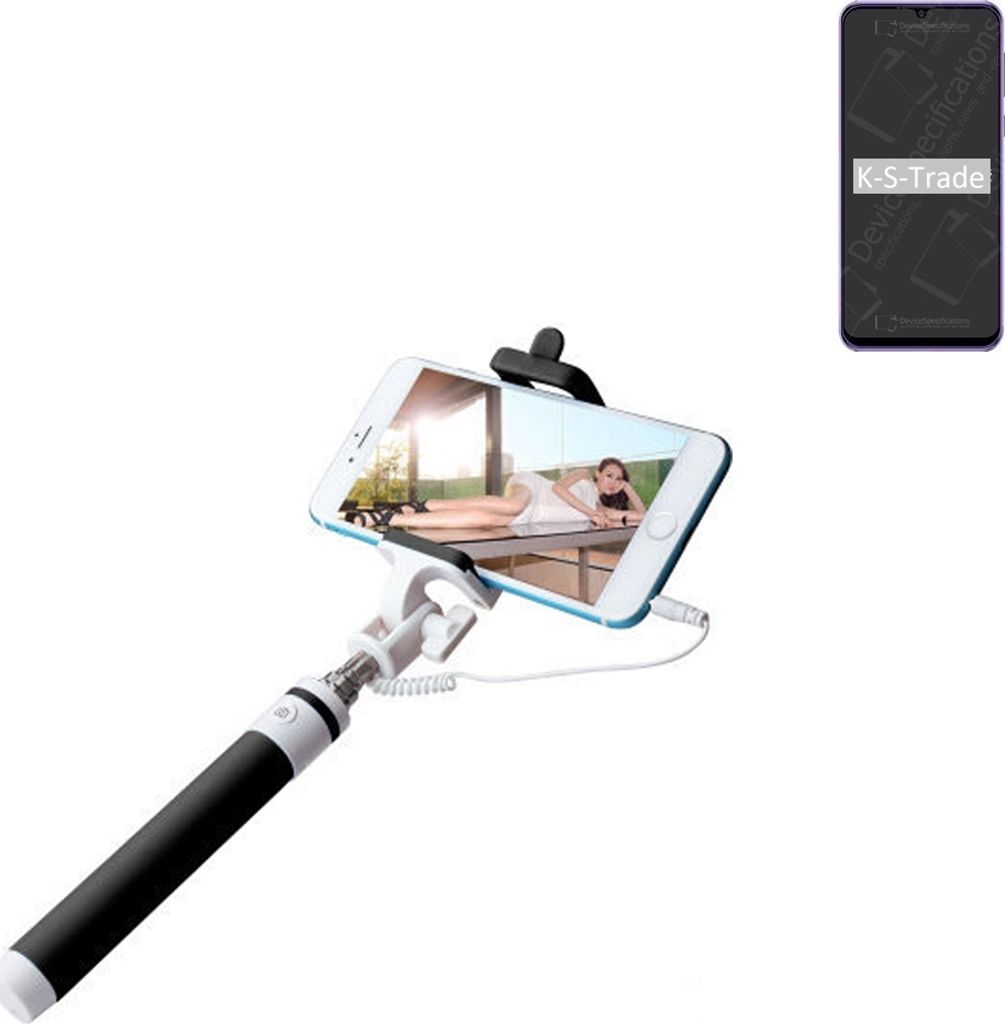 K-S-Trade Selfie Stick kompatibel mit Ulefone Note 6 Selfiestick kabelgebunden Monopod mit Kabel Stab Stange Selfportrait Handheldstick schwarz 1x