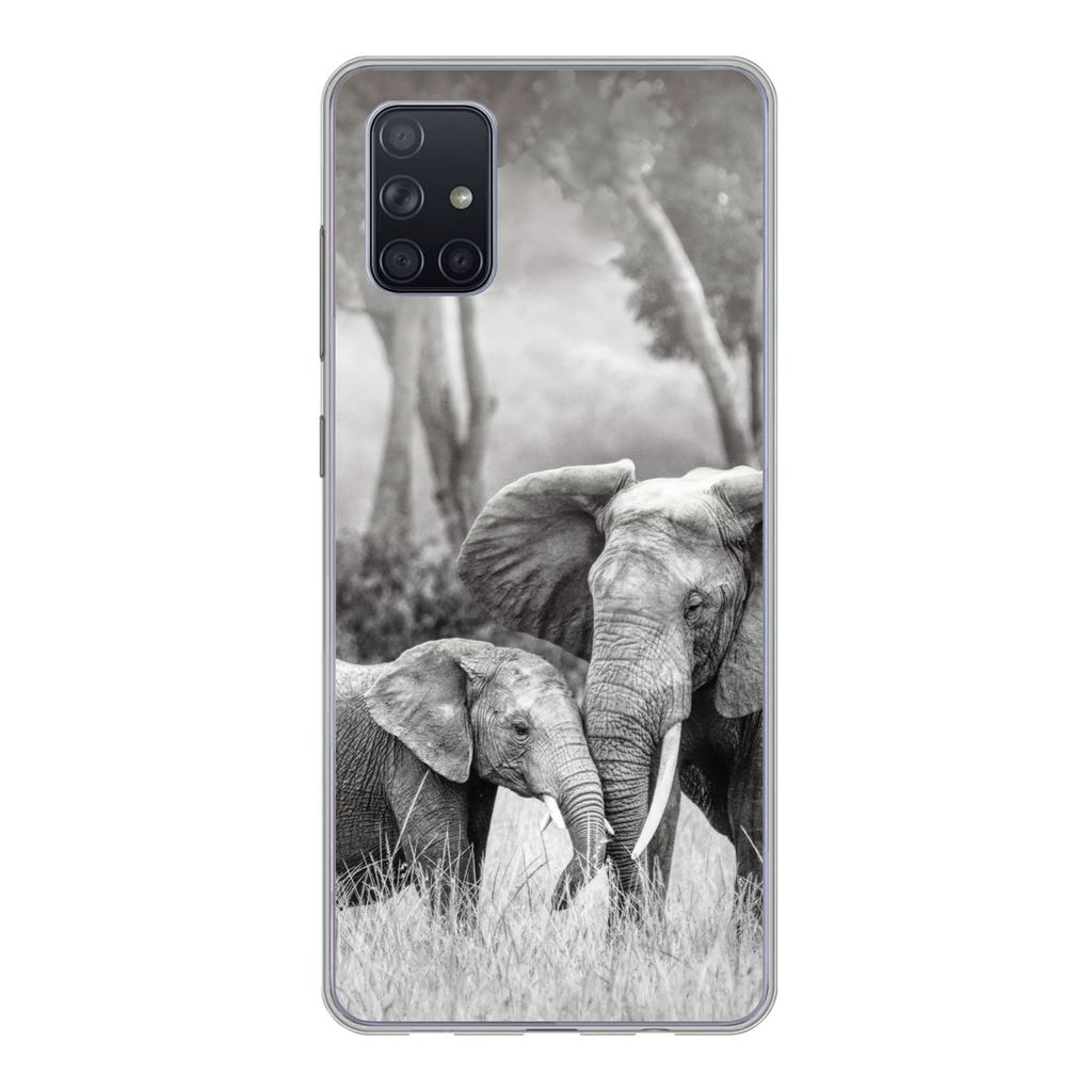 MuchoWow Handyhülle Schutzhülle Hülle für Samsung Galaxy A71 Elefant - Tiere - Natur - Schwarz und weiß Silikon Softcase Handy Hülle - Kart...