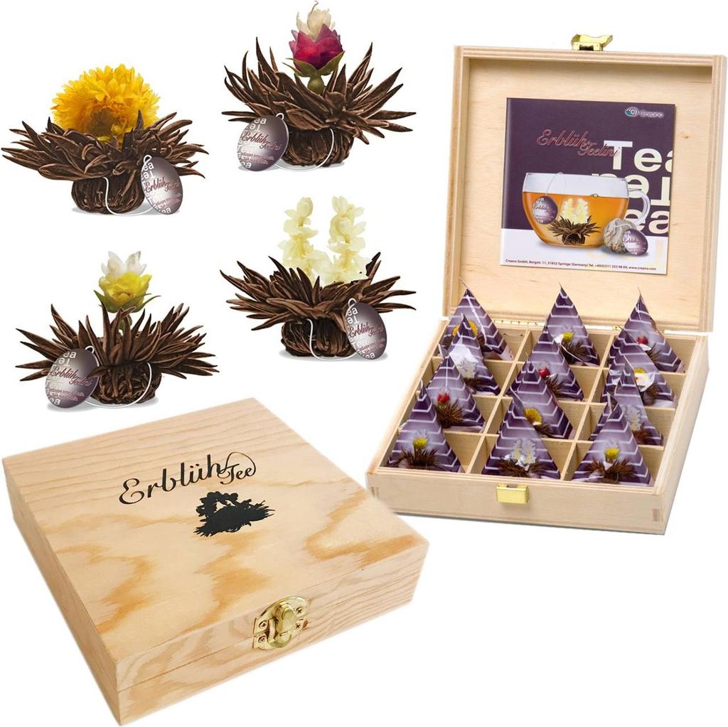 Creano Teelini Teeblumen im Tassenformat, Geschenkset in Teekiste aus Holz, 12 ErblühTeelini in 4 Sorten | Schwarzer Tee