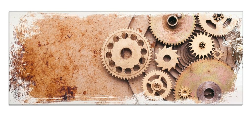 Wallario Kunstdrucke Wandbilder Holz in : Brillante Farben, Größe 50 x 125 cm Motiv Zahnräder einer alten Uhr im alten Stil