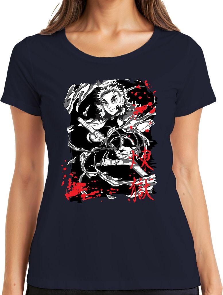 Rengoku Kimetsu no Yaiba Flammen Schwert Anime Fan grunge Damen T-Shirt, Navy, M