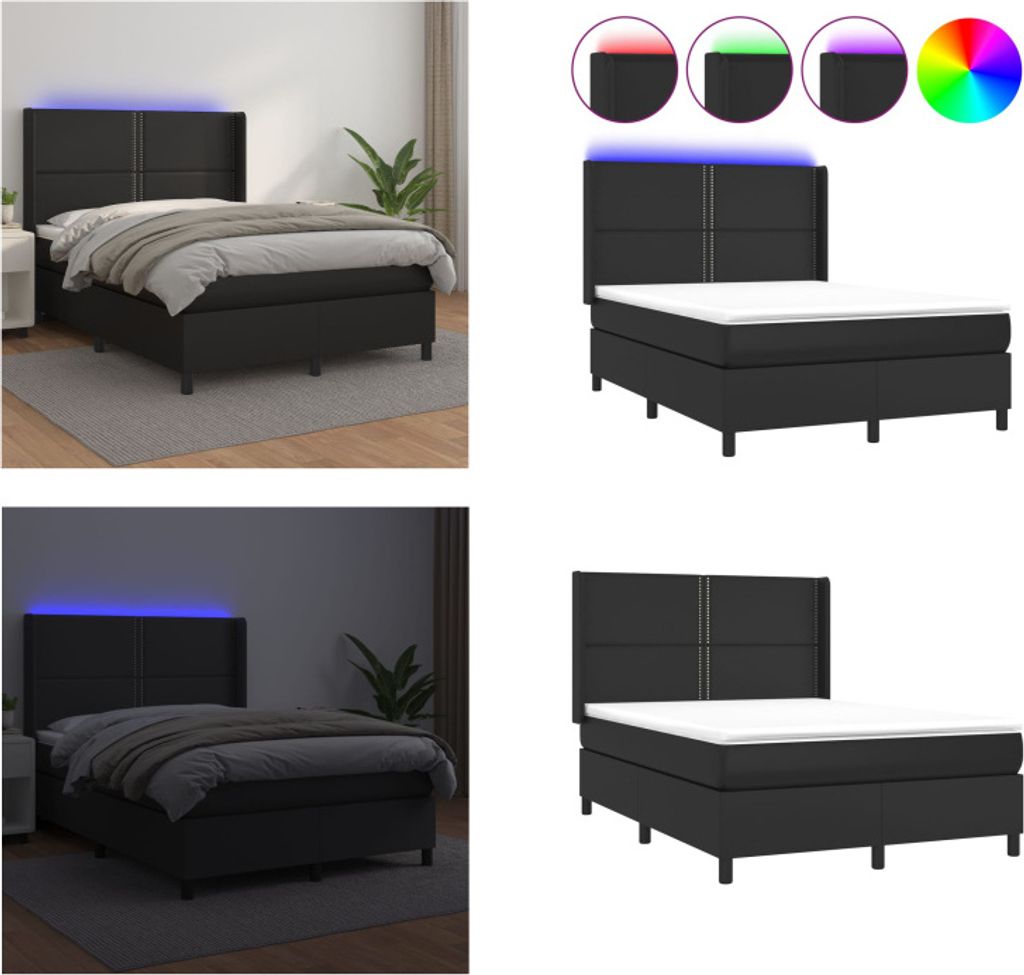 vidaXL Boxspringbett mit Matratze & LED Schwarz 140x190 cm Kunstleder - Boxspringbett - Boxspringbetten - Bett - Schlafzimmermöbel