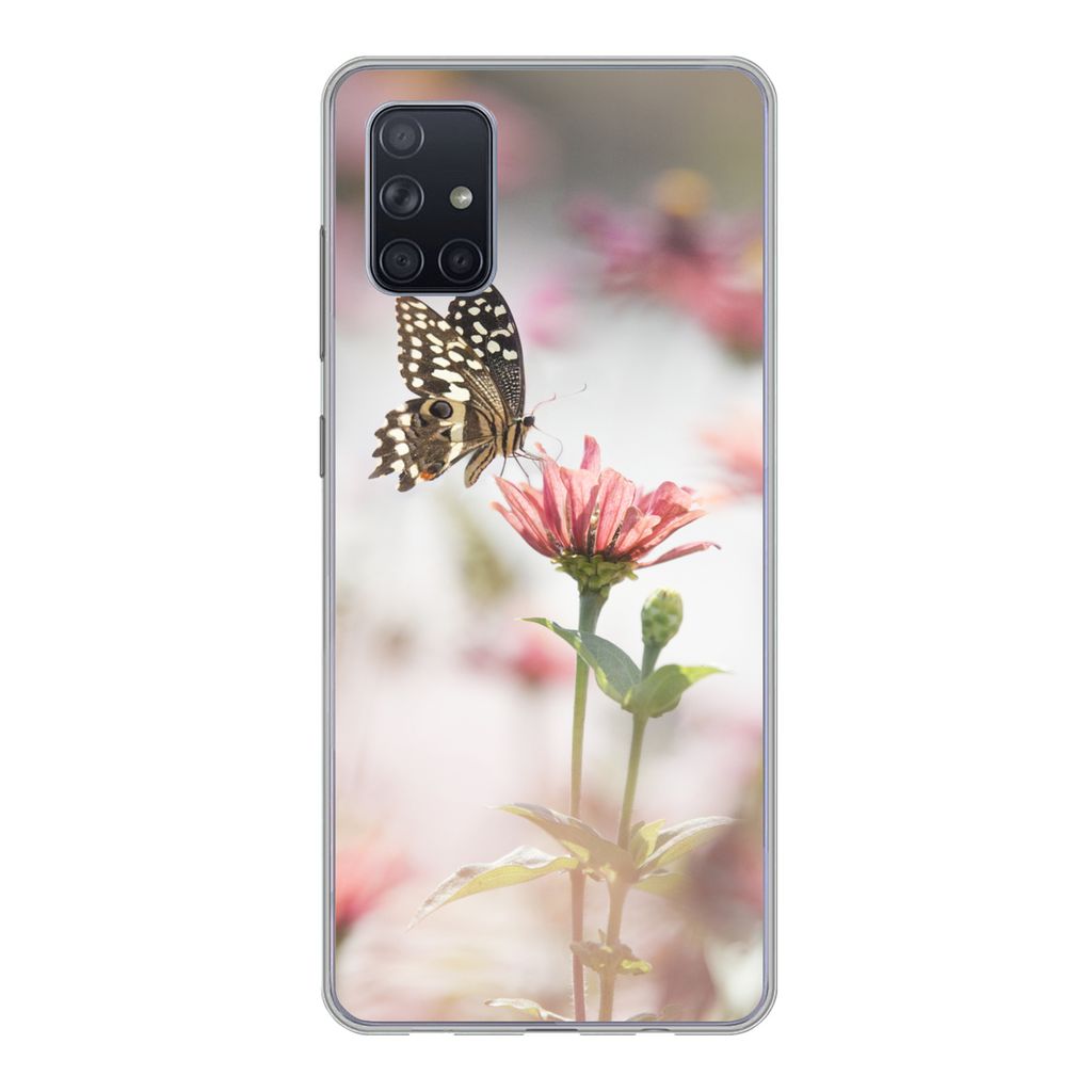 MuchoWow Handyhülle Schutzhülle Hülle für Samsung Galaxy A71 Schmetterling - Blume - Rosa Silikon Softcase Handy Hülle - Kartenbesitzer