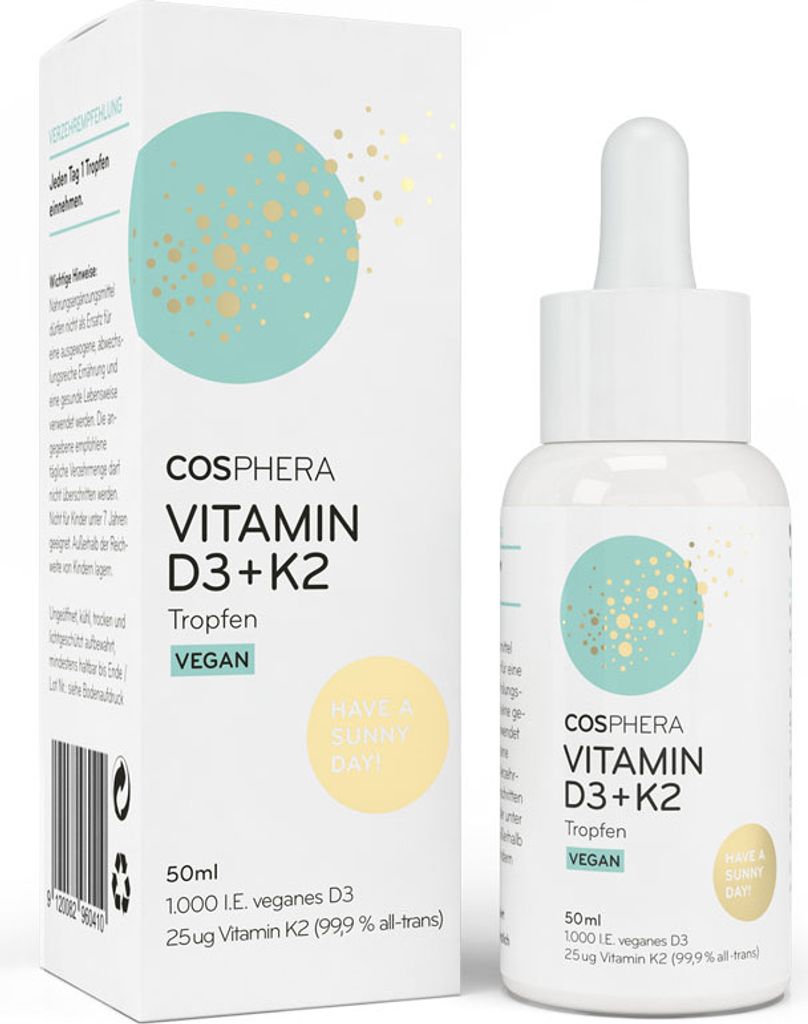 Cosphera Vitamin D3 + K2 | 50 ml | Vitamin D3 mit 1.000 IE je Tropfen | MCT-Öl aus Kokosöl | vegan