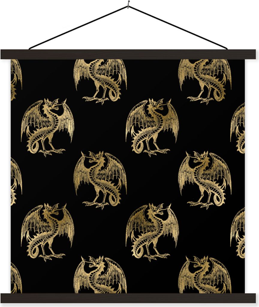 MuchoWow Textilposter Muster - Drache - Gold - Schwarz 40x40 cm mit schwarzem Rahmen - Fotos
