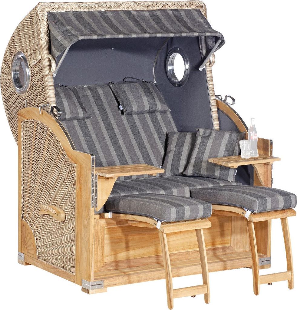 SunnySmart Garten-Strandkorb Rustikal 500 PLUS TEAK COMFORT 3/4-Liegemodell 2-Sitzer XL antikweiß/anthrazit