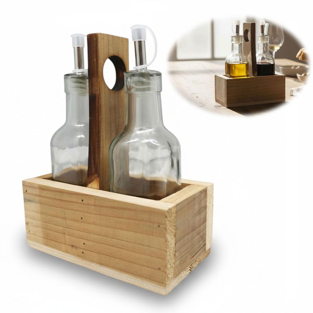 KI-generiertes Bild,Holz Menage Essig- und Ölspender Set 2x Ölflasche Ausgießer Olivenöl Vinaigrette