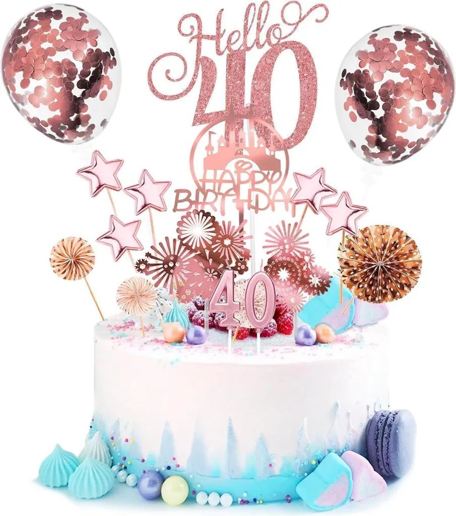 Topper Torta 40 Anni Oro Rosa 17 Pezzi - Decorazione Compleanno Donna