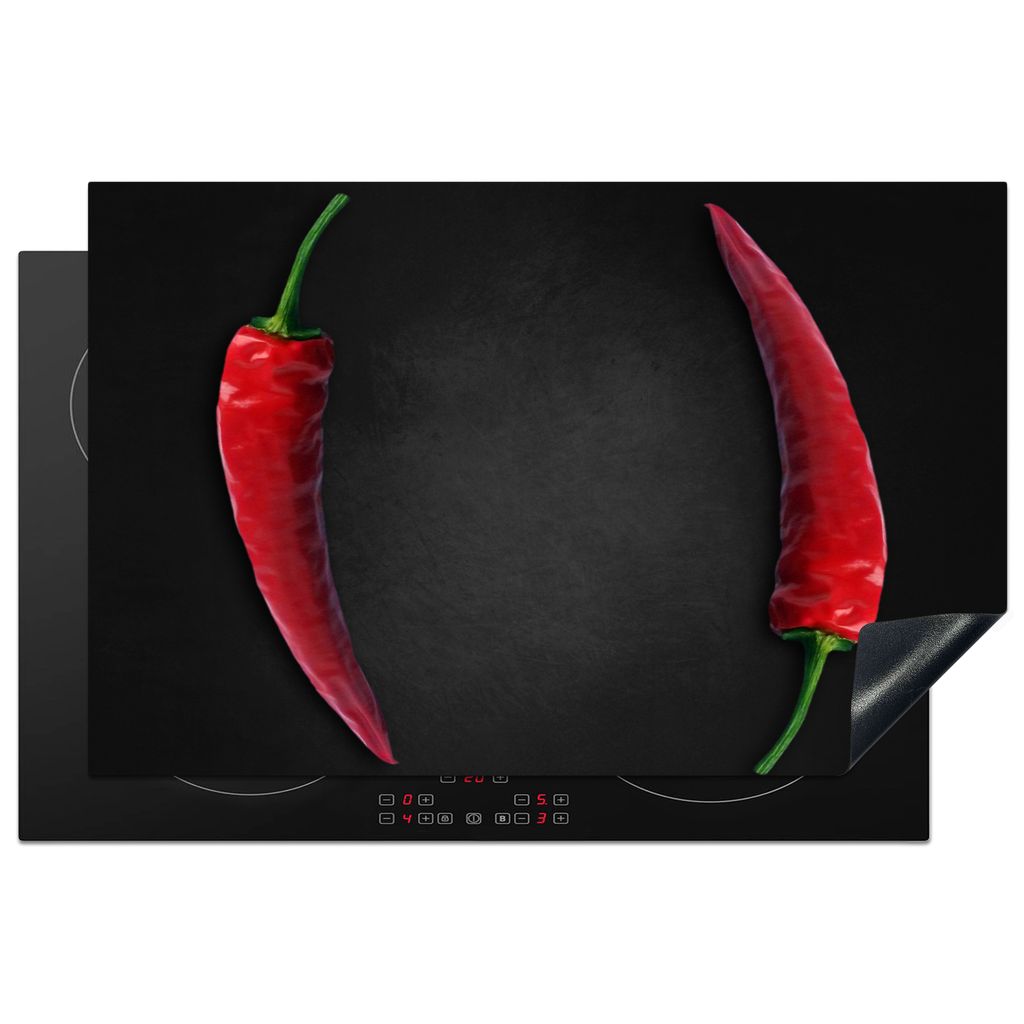 KitchenYeah Herdabdeckplatte Roter Pfeffer - Gewürz - Chili - Schwarz , 81x52cm, Küche Deko, Glaskeramikkochfeld Herdabdeckung, Abdeckplatte f...