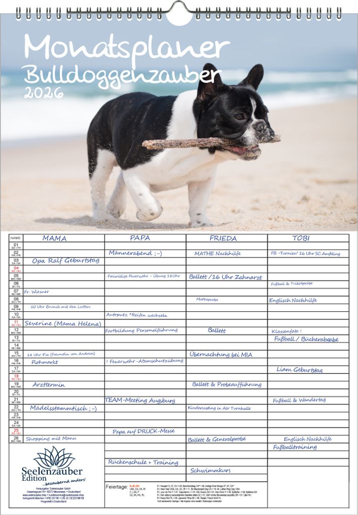 Bulldoggenzauber Planer Familienplaner 4 Spaltenplaner DIN A3 Kalender für 2026 Bulldoggen Hunde und Welpen - Seelenzauber