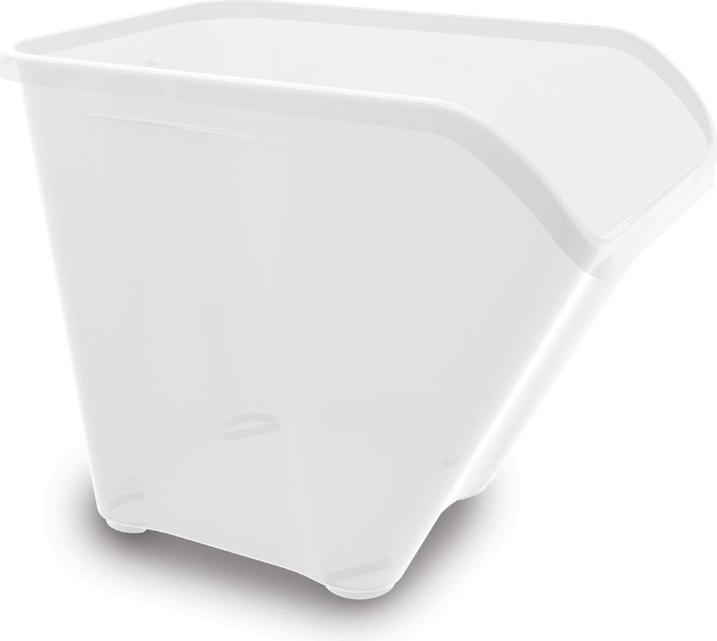 A white translucent plastic storage box with a curved top and four small feet at the bottom.