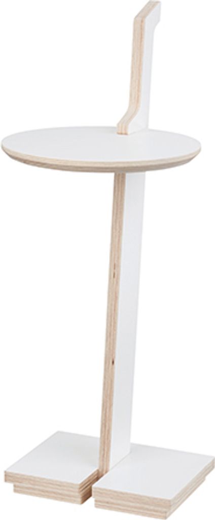 A white wooden stand with a circular top and a vertical support.