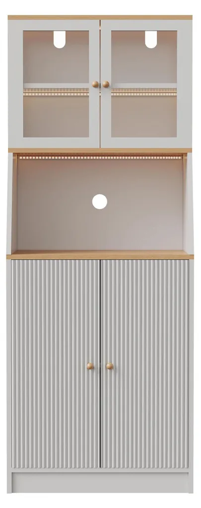 Armoire de Cuisine Blanche Haute avec Porte Vitrée et Prise Intégrée