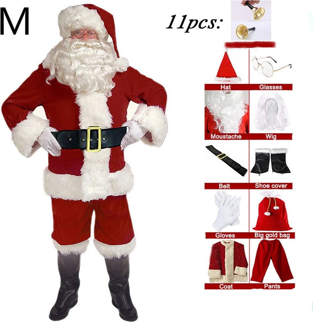 11 Stück Santa Claus Cosplay Kostüm Weihnachten Neue Jahr Männer Kostüme Deluxe Klassische Erwachsene Set Karneval Party RolePlay Anzüge, rot , M