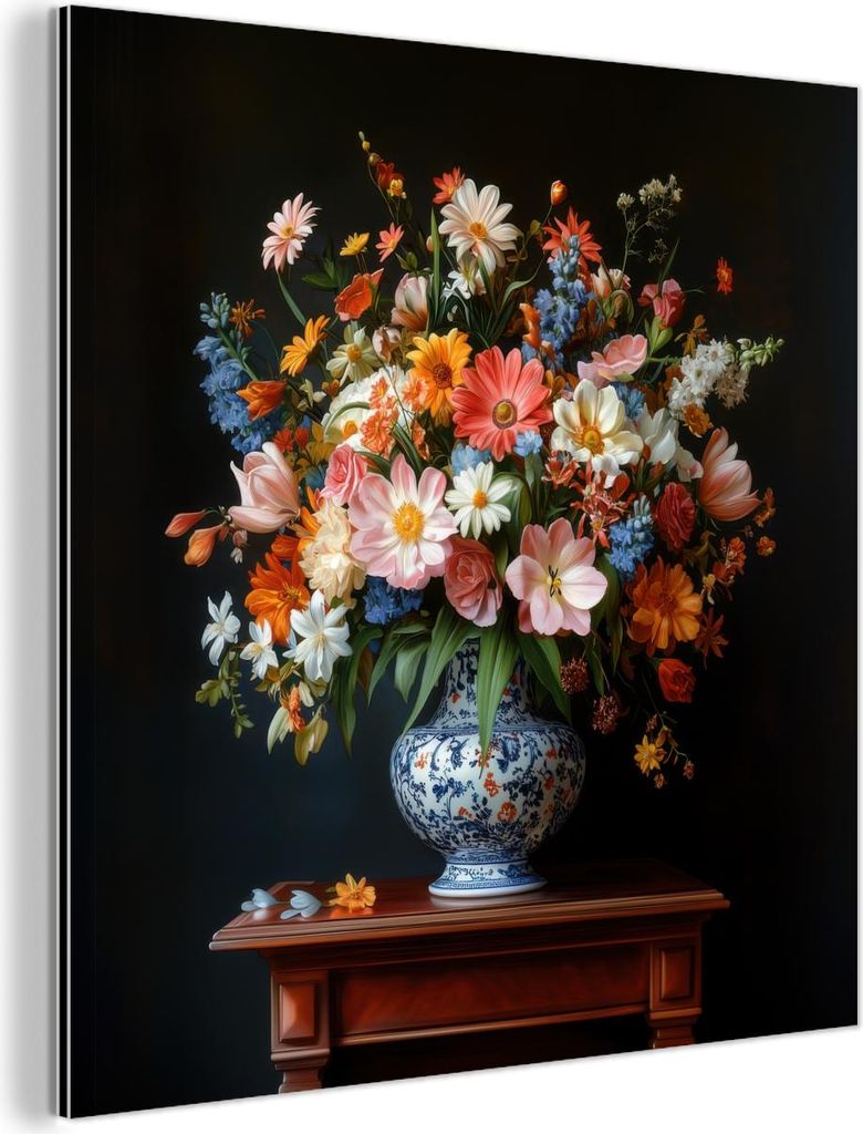 MuchoWow Wanddekoration Metall Metallbild Wandkunst 90x90 cm Blumenstrauß - Rosa - Vase MuchoWow Aluminium Gemälde - Dekoration - Industrial - Me...
