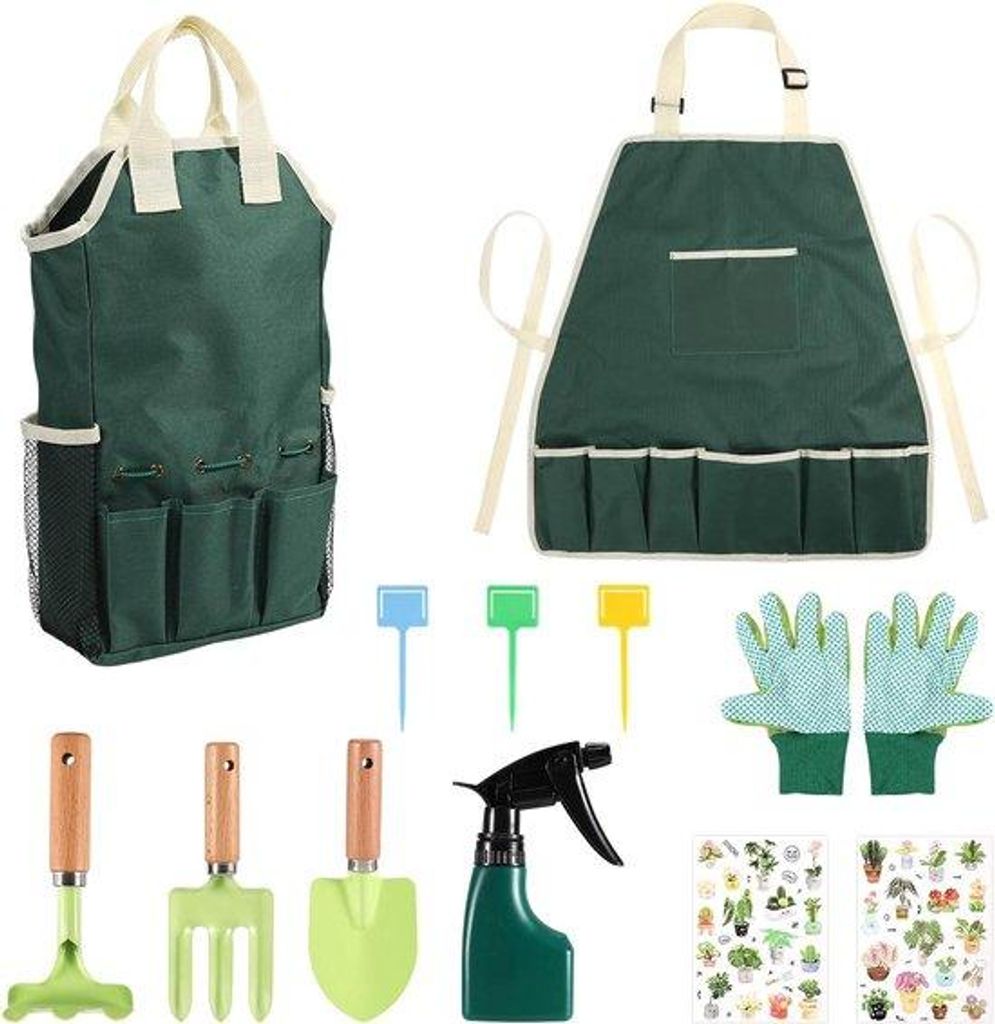 Kinder-Tuinset mit Gartengeräten, grünes, kleines, Kinder-Tuinset, Set mit Vorken, Schoppen, Harken, Tassen, Flessen, Handschuhen, Schutzdecken, ...