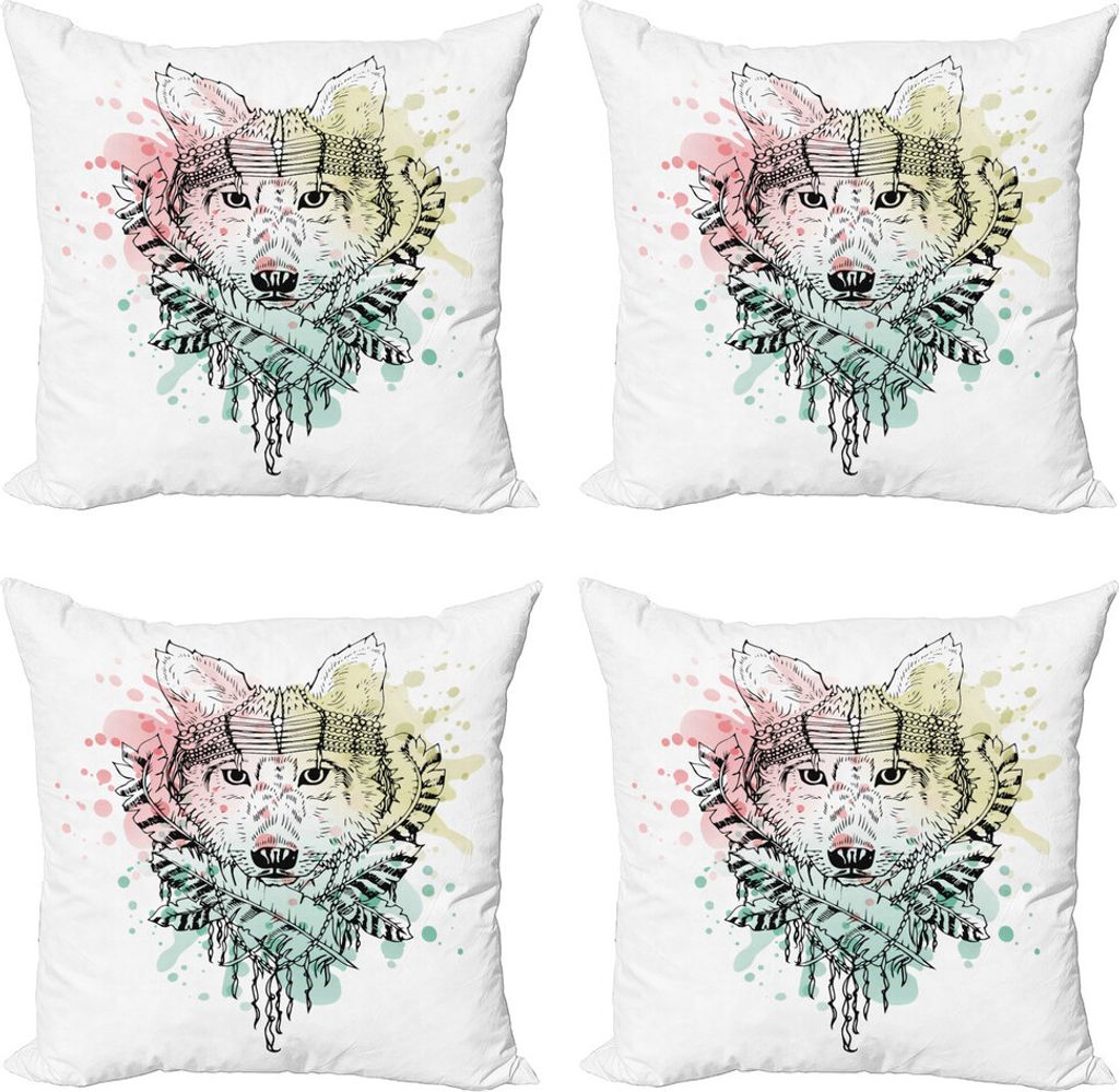 ABAKUHAUS Abstrakt Kissenbezug Set (4 Stück), Wild Tribe Tier Wolf, Moderner Doppelseitiger Digitaldruck, 50 cm x 50 cm, Mehrfarbig