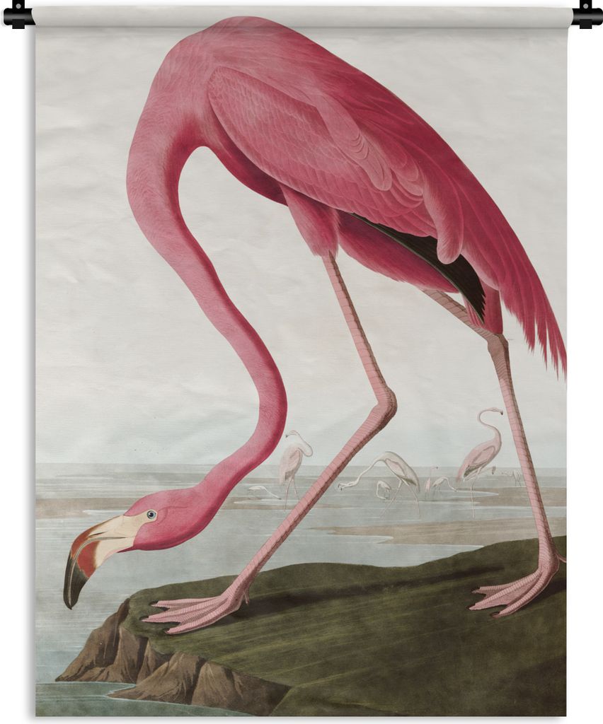 MuchoWow Wandteppich Wandbehang Flamingo - Vogel - Vintage - Wasser - Rosa 60x80 cm Tapisserie Dekoration Wandtuch - Decke - Wandtücher - Wohne