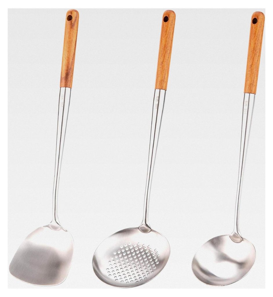 Wok-Pfannenwender und Schöpflöffel, Werkzeugset, 43,2 cm, aus 304 Edelstahl