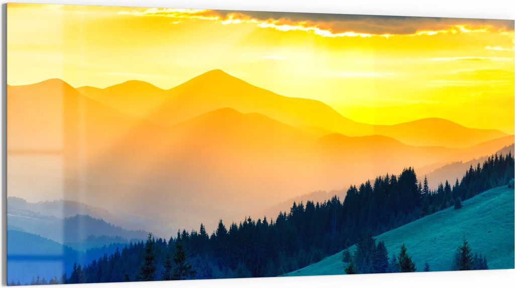 DEQORI Glasbild Echtglas 100x50 cm 'Sonnenuntergang in Bergen' Wandbild Bild modern Deko