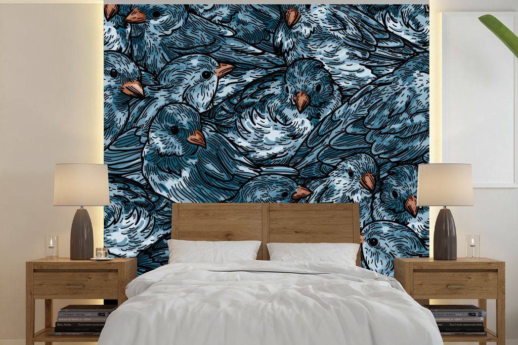 MuchoWow Fototapete für Wohnzimmer oder Schlafzimmer Wandtapete Vinyl Motivtapete Vogel - Blau - Muster - 280x280 cm - Hintergrundbild