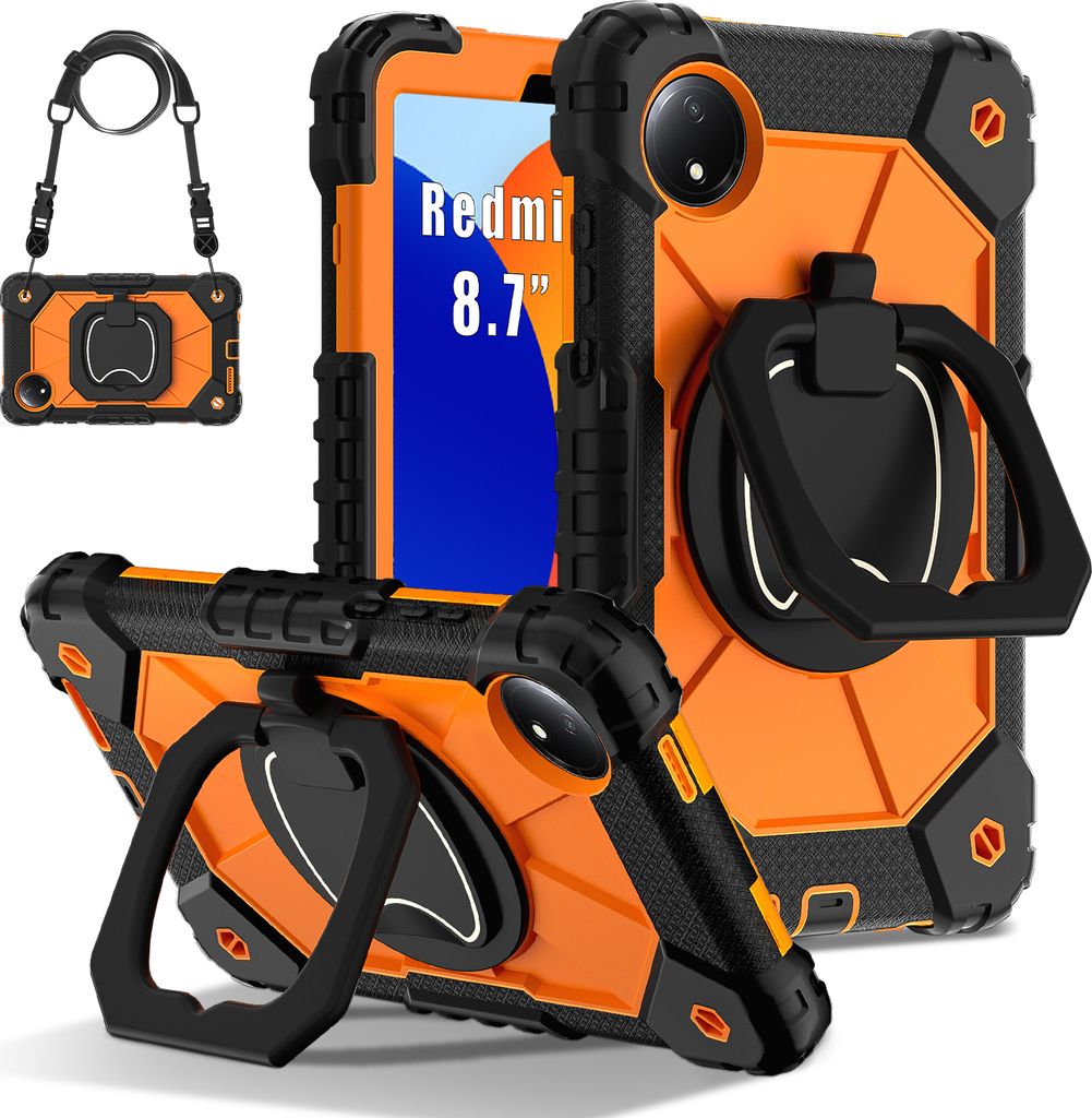 Hülle für Xiaomi Redmi Pad SE 8.7" 4G 2024 Robuste Tragbare Schutzhülle mit Ständer, Handgurt und Schultergurt Schwarz Orange