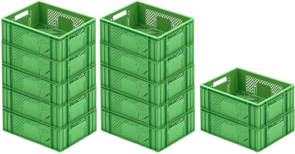 Three stacks of green plastic crates against a white background.