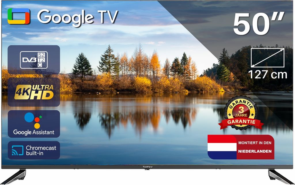 Google Smart TV | TeeView 50 Zoll 4K UHD Google TV | Rahmenloses Design | Smart TV | 3xHDMI 2xUSB | Ci+ | Triple Tuner DVB-T/T2/S/S2/C | Dolby Digi...