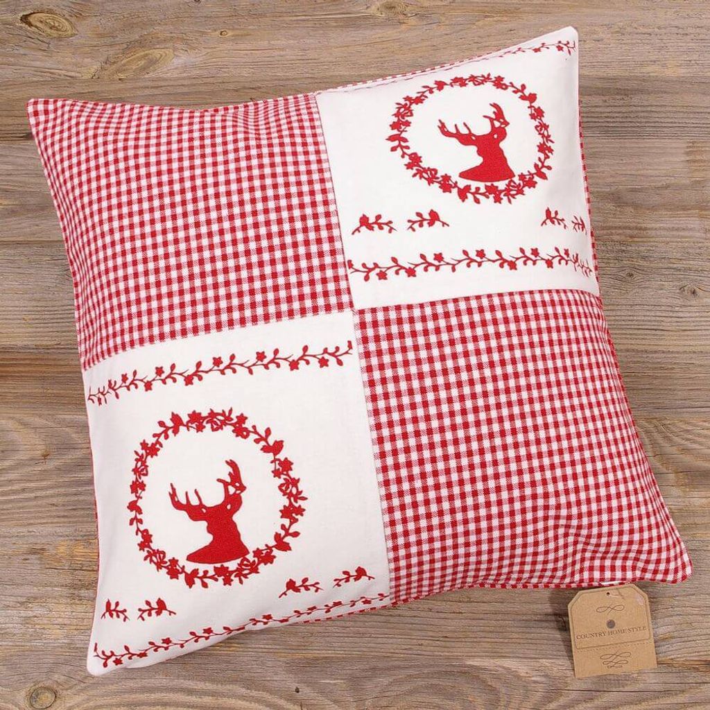 Kissen-Bezug 40x40 cm Hirsch Landhaus-Stil rot weiß Baumwolle