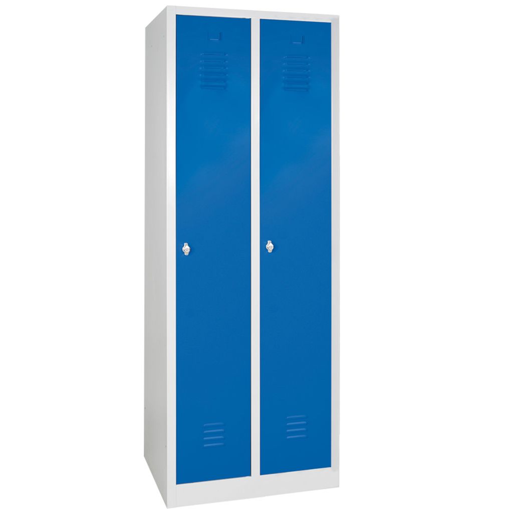 Kleiderspind mit Sockel, 2 Abteile á 300 mm, BxTxH 600 x 500 x 1800 mm, lichtgrau/blau