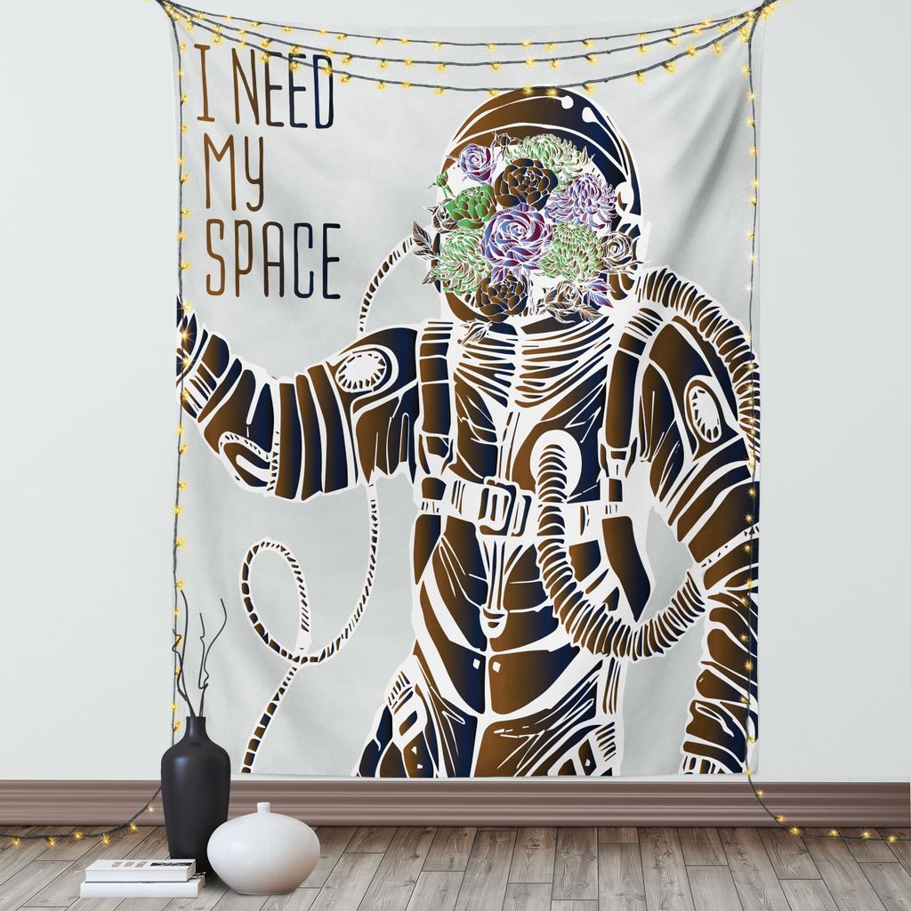 ABAKUHAUS Weltraum Wandteppich, Liebe Zitat Blumenkopf Kosmonaut Pilot Skizze Abstrakter Zeitgenössische Kunst, Wohnzimmer Schlafzimmer Seidiger S...