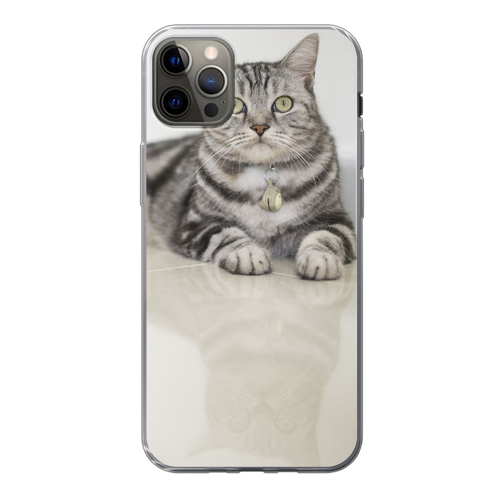 MuchoWow Handyhülle Schutzhülle Hülle für iPhone 12 Pro Max Katze - Grau - Tier - Mädchen - Kinder - Jungen - Kind Silikon Softcase Handy H...