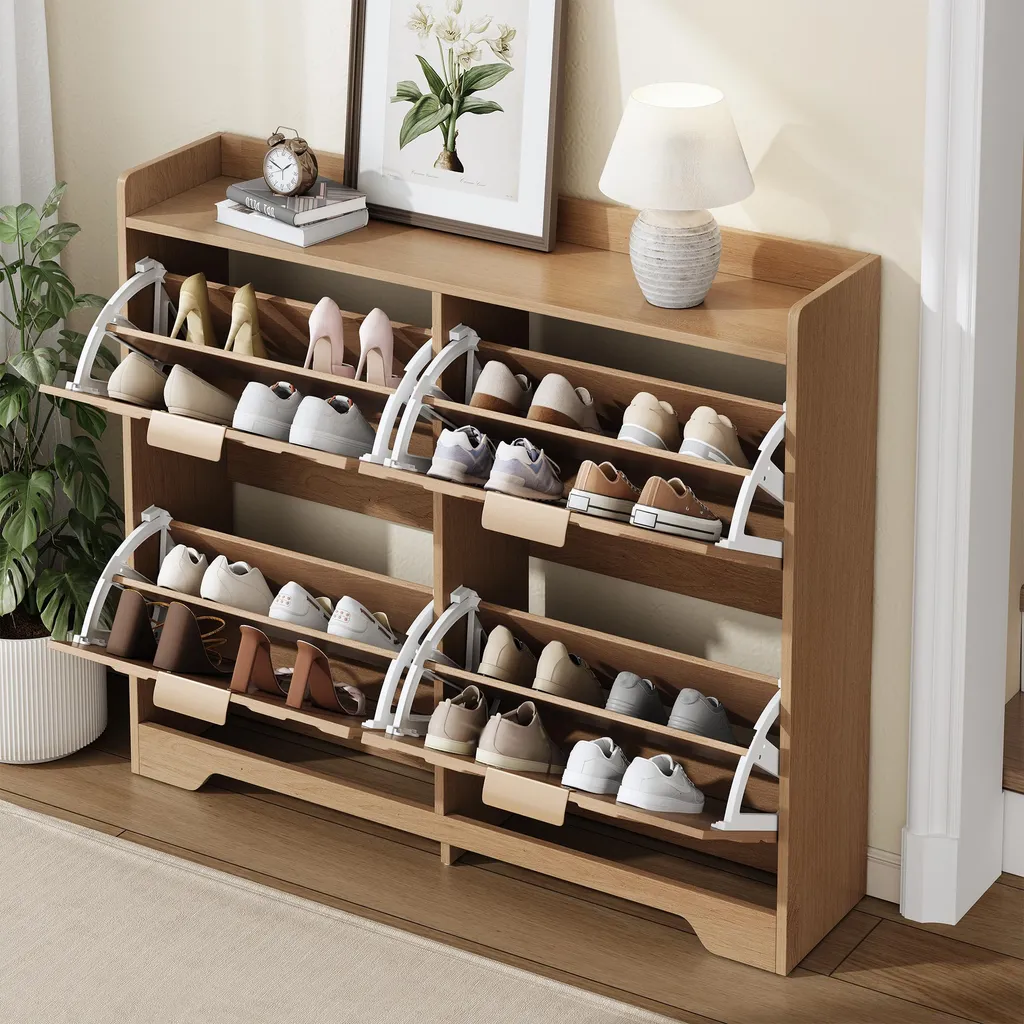 Range-chaussures moderne avec 4 compartiments à rabat et tablette bois